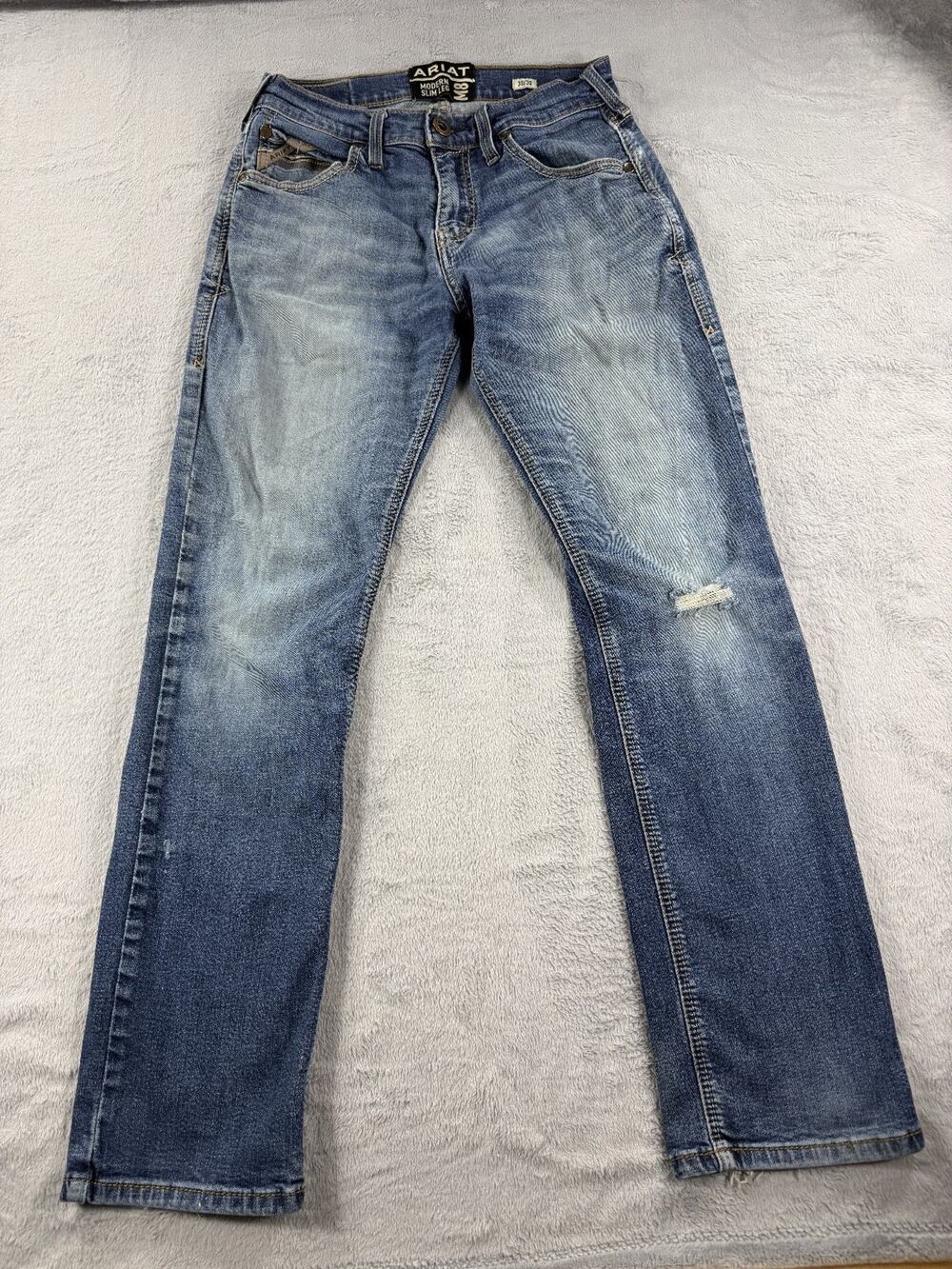 Ariat M8 Modern Slim Leg Men's Jeans Blue Distressed Denim Stretch Size 30x30